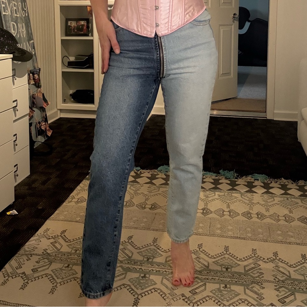 Split denim high waisted straight leg with zipper front